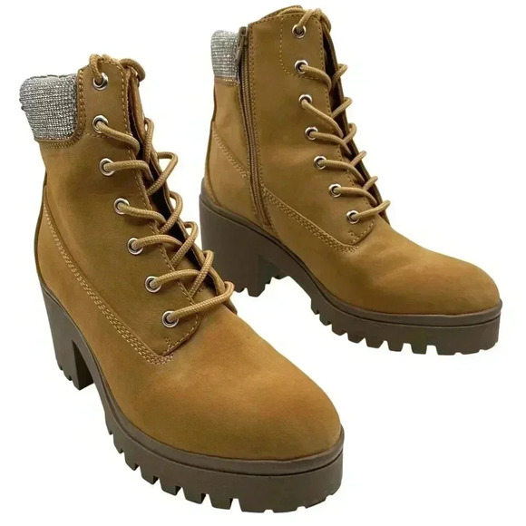 Wild Pair Womens 9M Bentli Nubuck Embellished Combat & Lace-up Boots Tan Nubuck - Picture 1 of 15